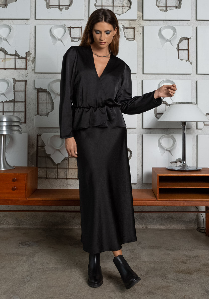 Jupe longue noire femme tissu satiné coloris noir Made in france SONGE lab