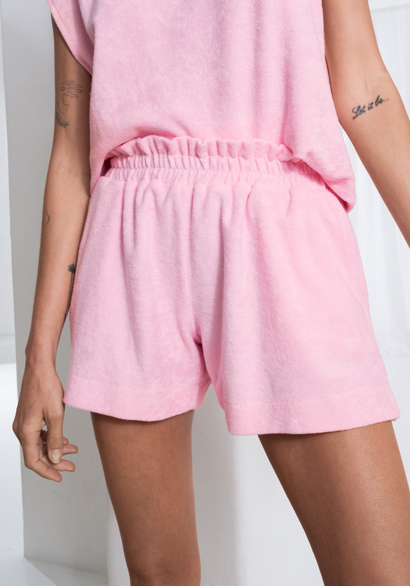 Short MALVA Femme tissu éponge coloris pink ceinture élastiquée et poches côté Made in france SONGE lab