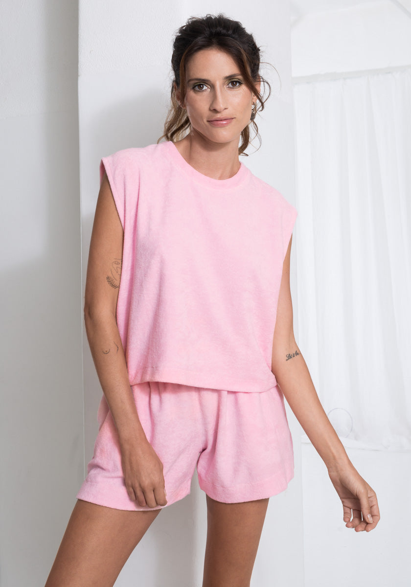 Short MALVA Femme tissu éponge coloris pink ceinture élastiquée et poches côté Made in france SONGE lab porté top veia