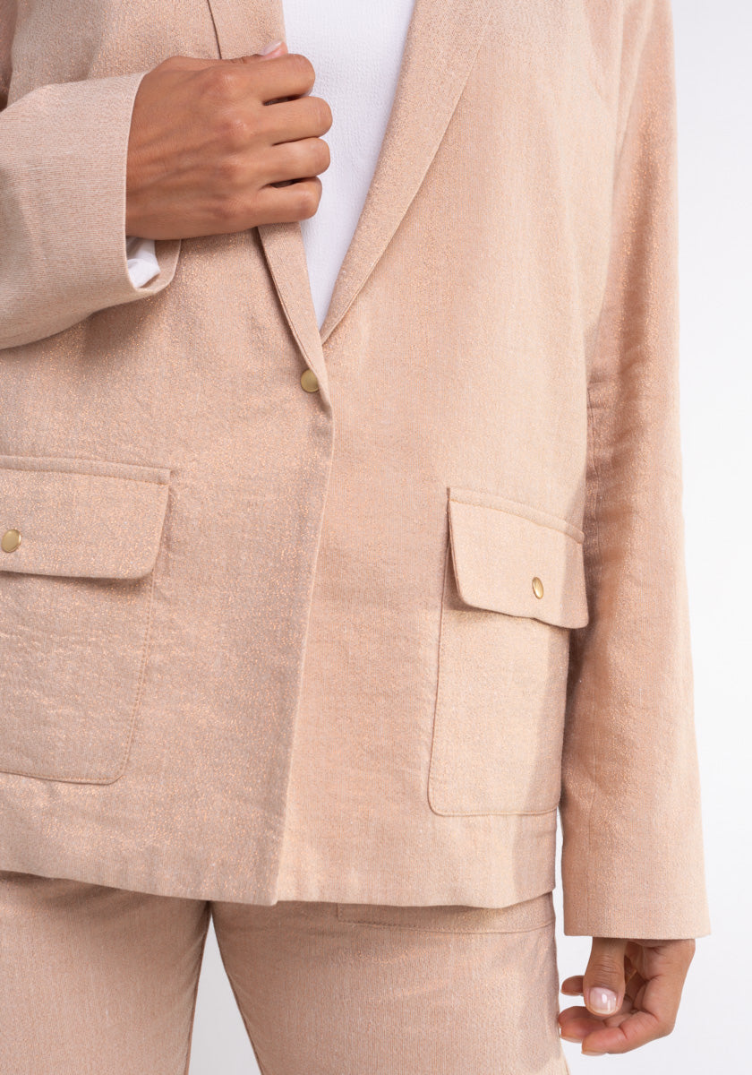 Veste femme CASAL coloris gold pink lurex tissu français col châle  poches plaquées et pressions sur poches MAde in France SONGE lab détail poches