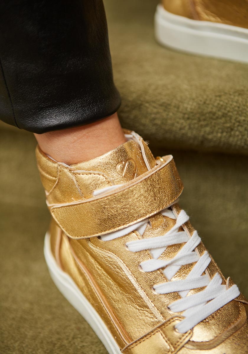 Sneakers montantes femme cuir ALMA Gold made in portugal SONGE Lab détail languette