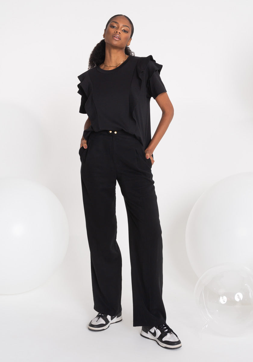 Tee shirt noir Femme volants et détails chics Coton OEKO TEX Made in France SONGE lab silhouette