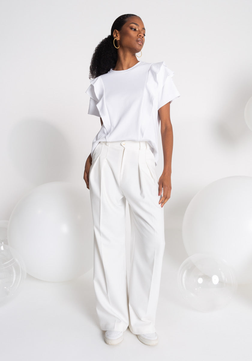 Tee Femme blanc volants et détails chics Coton OEKO TEX Made in France SONGE lab silhouette