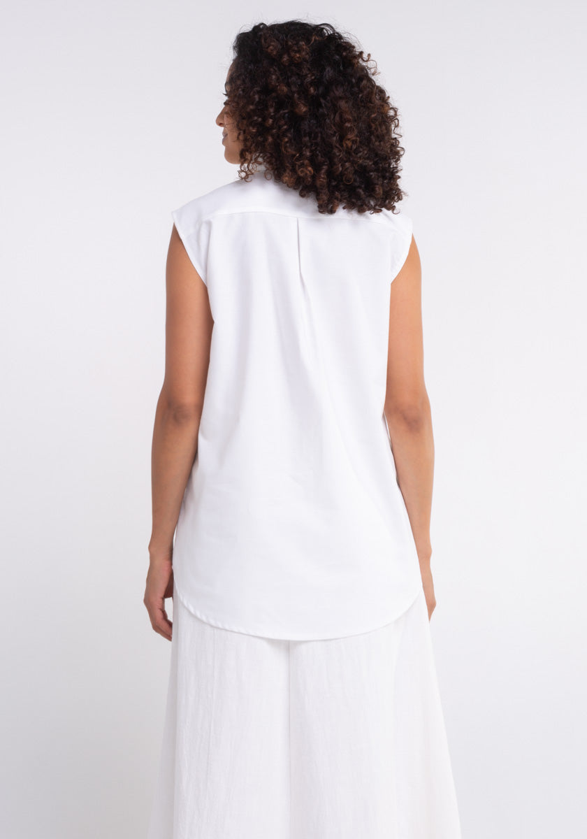 Chemise femme blanche sans manches été grandes poches plaquées Made in france SONGE lab dos7