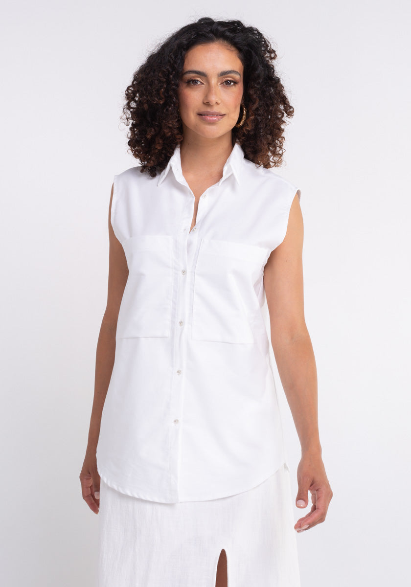 Chemise femme blanche sans manches été grandes poches plaquées Made in france SONGE lab