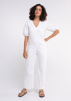 Combinaison femme blanche été manches courtes et jambes longues poches made in france SONGE lab