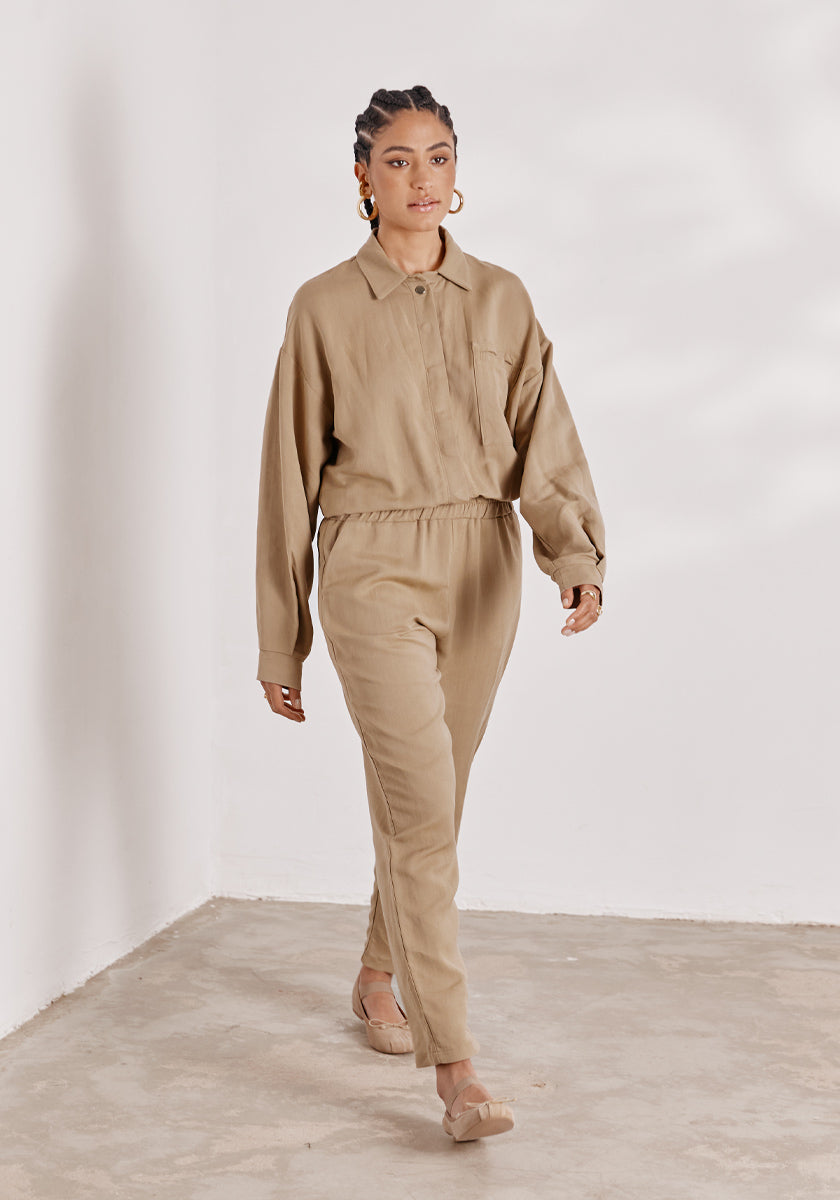 Combinaison FRANCA coloris tan beige clair, tissu fluide et agréable, coton lin, Made in france, SONGE lab