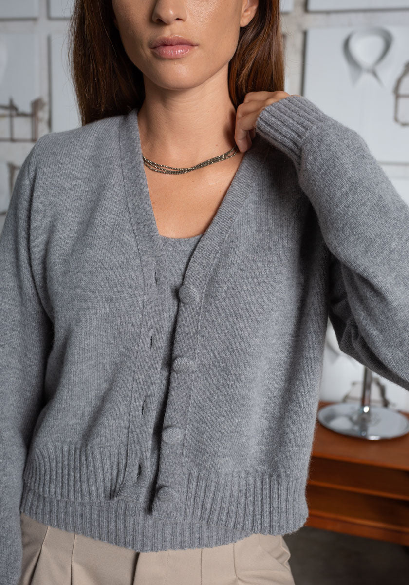 Gilet femme twin set gris chiné tricoté en france laine et cachemire SONGE lab