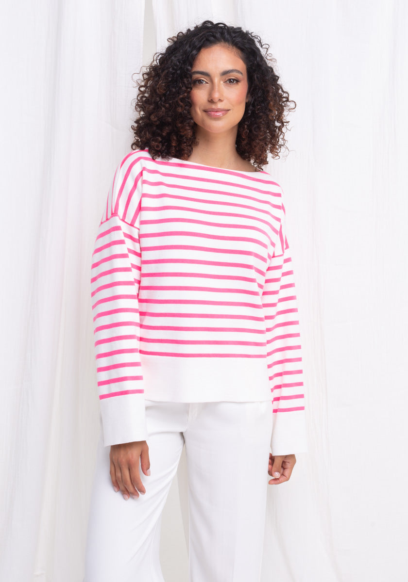 Pull Marinière femme LEOA coloris Néon pink tricotée en France détails boutons côté col bateau SONGE lab