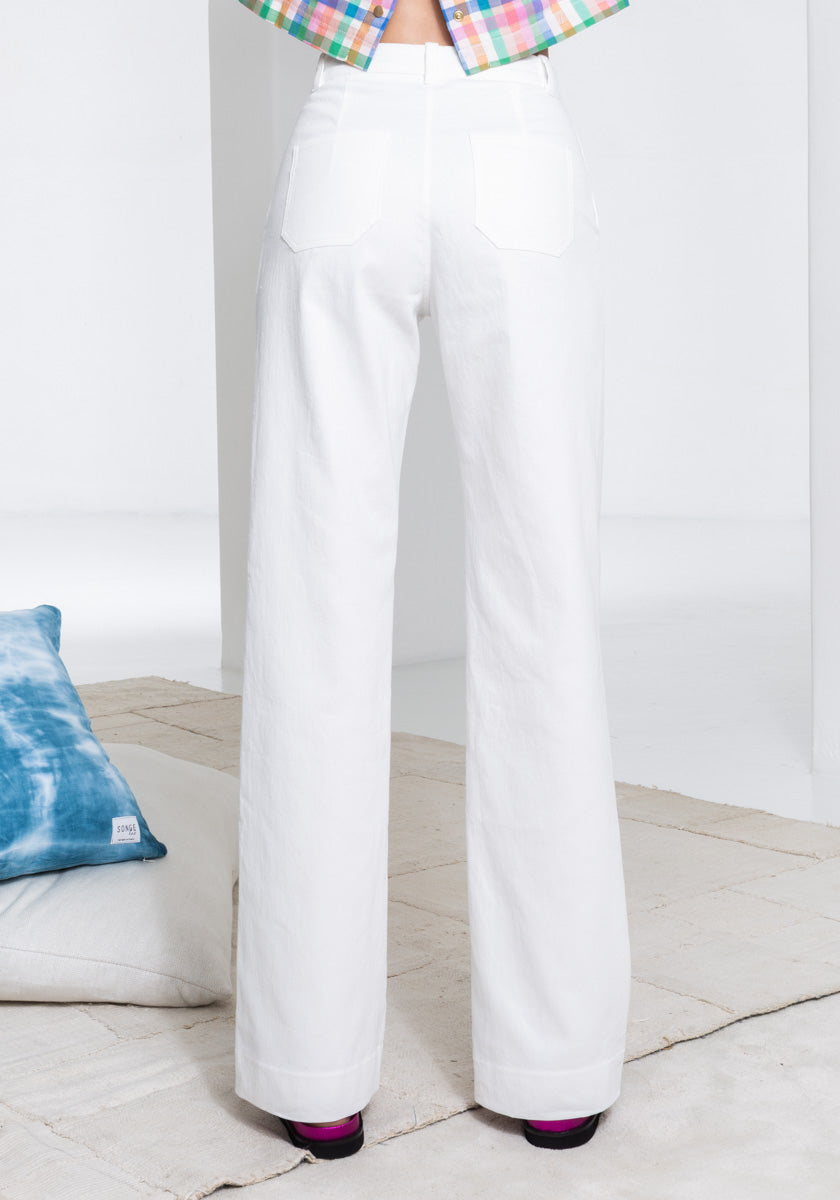 Pantalon droit blanc BRANCA femme poches côté tissu élasthanne Made in france SONGE lab zoom dos
