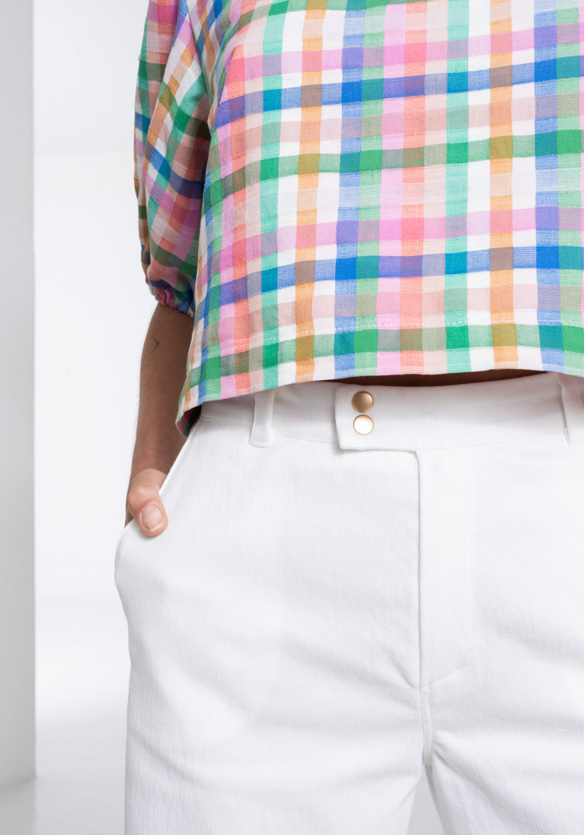 Pantalon droit blanc BRANCA femme poches côté tissu élasthanne Made in france SONGE lab zoom double pression 