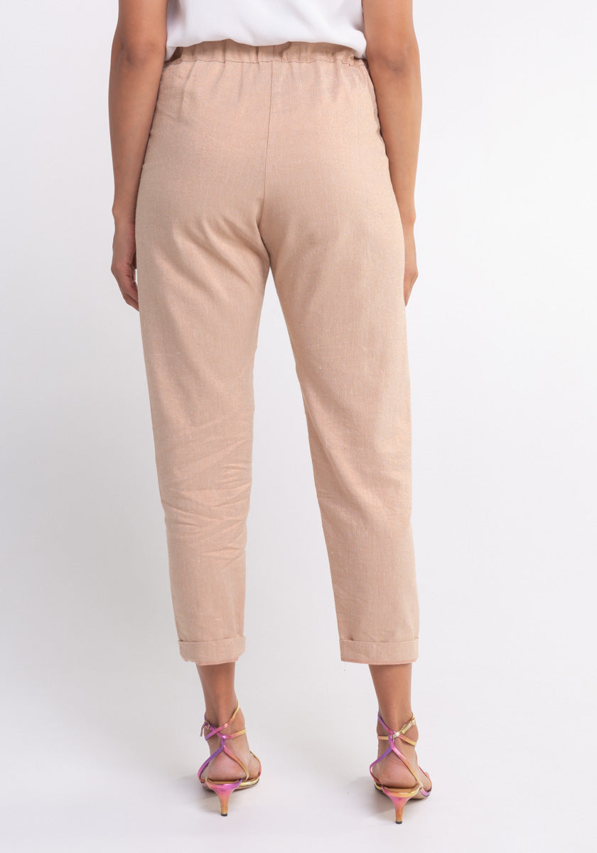 Pantalon FAZ femme coupe confortable poches côté et ceinture élastiquée coloris Gold pink lurex Made in France SONGE lab dos