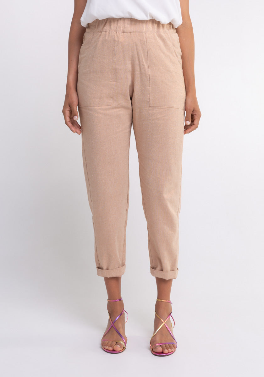 Pantalon FAZ femme coupe confortable poches côté et ceinture élastiquée coloris Gold pink lurex Made in France SONGE lab zoom pantalon