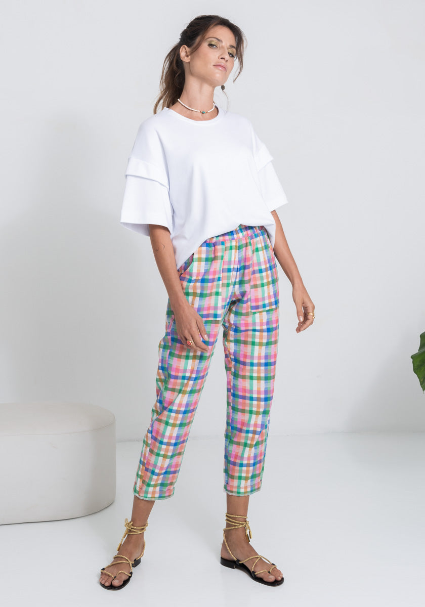 Pantalon femme FAZ coloris madras coupe confort élastique ceinture et poches découpées côté Made in France SONGE lab