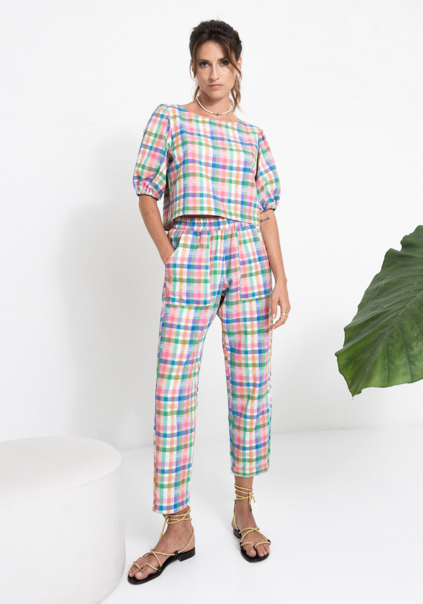 Pantalon femme FAZ coloris madras coupe confort élastique ceinture et poches découpées côté Made in France SONGE lab