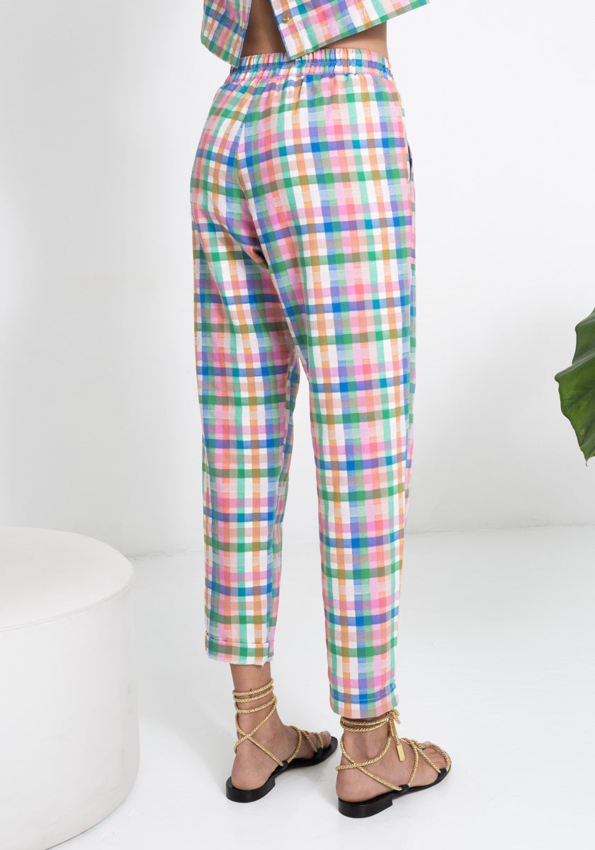 Pantalon femme FAZ coloris madras coupe confort élastique ceinture et poches découpées côté Made in France SONGE lab zoom dos