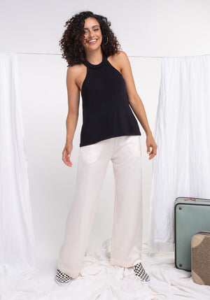 Pantalon MIRAMAR coupe large fluide en satin coloris nacre ceinture plate devant et élastique derrière Made in france SONGE lab