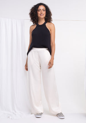 Pantalon MIRAMAR coupe large fluide en satin coloris nacre ceinture plate devant et élastique derrière Made in france SONGE lab