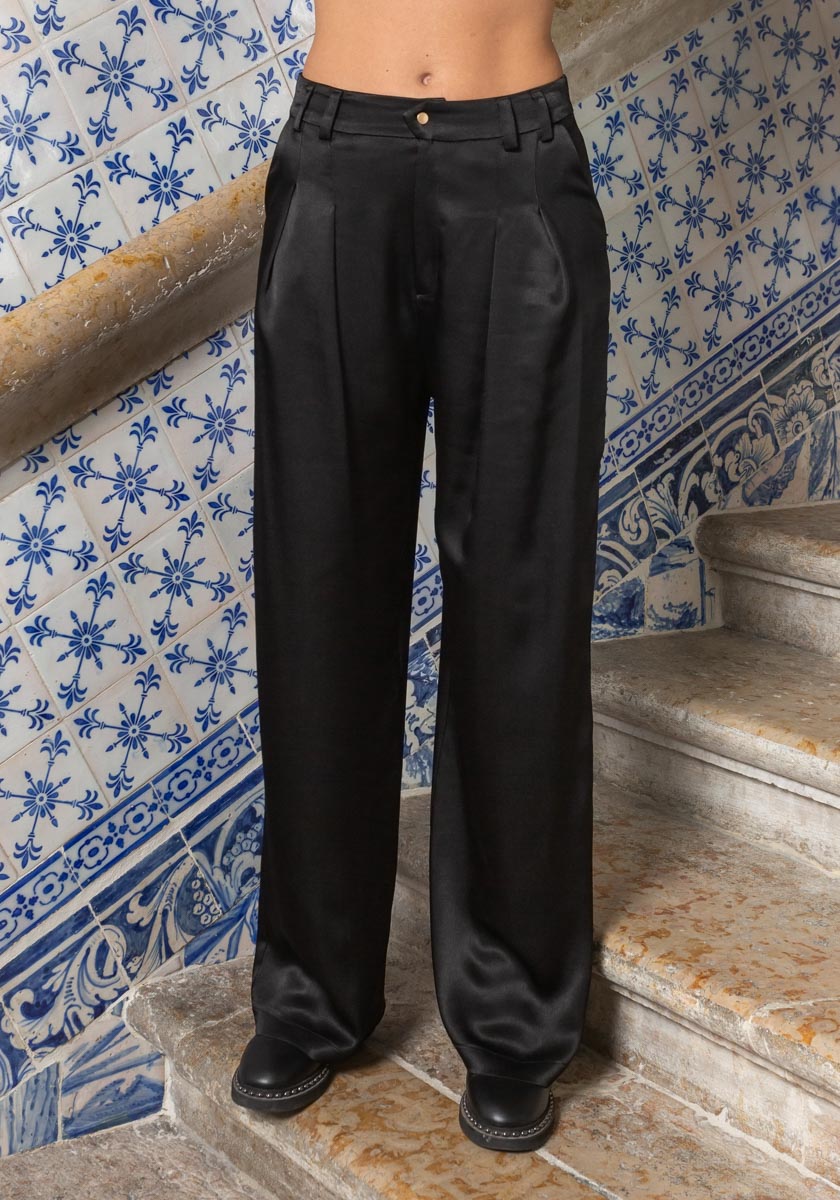 Pantalon SINTRA satiné black très élégant double pince Made in France SONGE lab