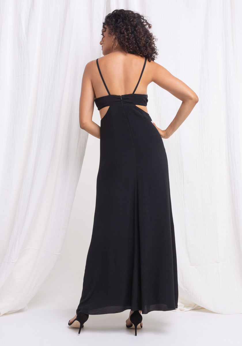 Robe longue femme CAPARICA coloris Noir détail fentes côté robe. Robe fluide et légère été. Made in france SONGE lab vue dos