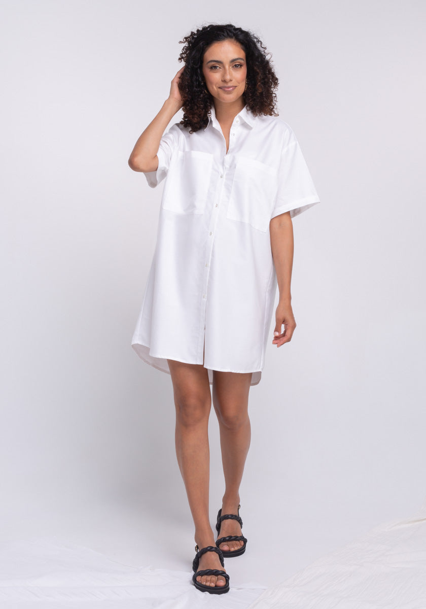 Robe Chemise HIBISCO femme coloris blanc 100% coton oxford grandes poches plaquées devant Made in France SONGE lab