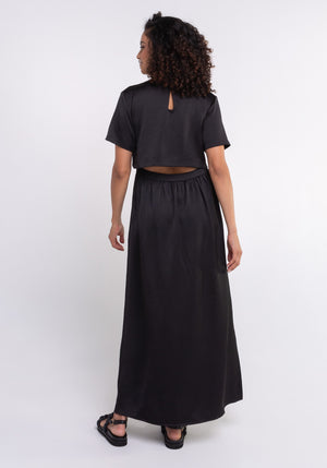 Robe longue femme GUIA coloris Black Satin fente sur jambe, fente ajustée dos, manches courtes, effet tee et jupe, Made in france SONGE lab