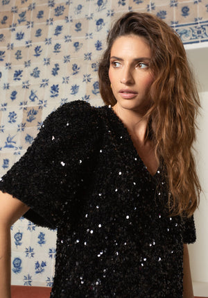 Robe HOPE paillettes col v et manches courtes, entièrement doublée Made in France SONGE lab