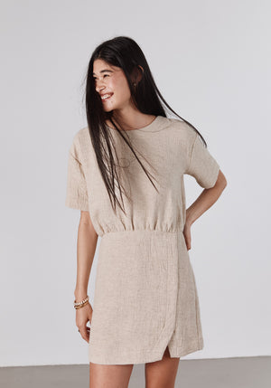 robe courte femme QUERIA jacquard français coloris beige clair MAde in france SONGE lab