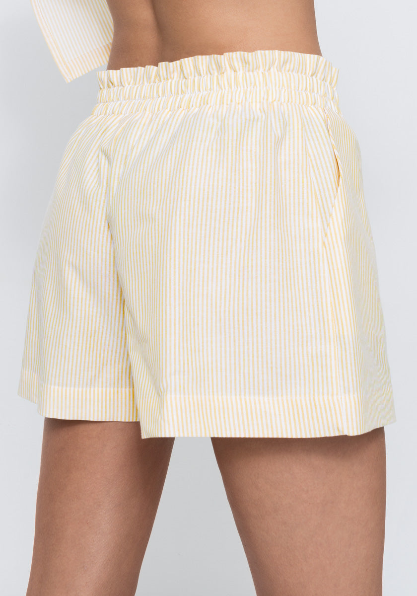 Short MALVA Femme tissu oxford français rayé jaune et blanc ceinture élastiquée et poches côté Made in france SONGE lab zoom dos