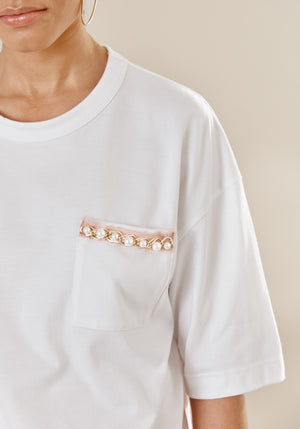 tee AVEIRO White détail broderie perle sur poche manches courtes Made in france 