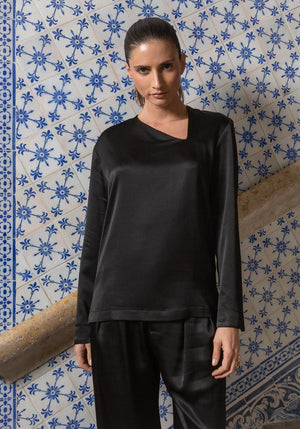 Top CABRAL Satiné black col découpe asymétrique Made in France SONGE lab