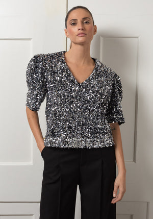 Top HOPE Sparkles silver colv V et manches bouffantes courtes Made in france SONGE lab