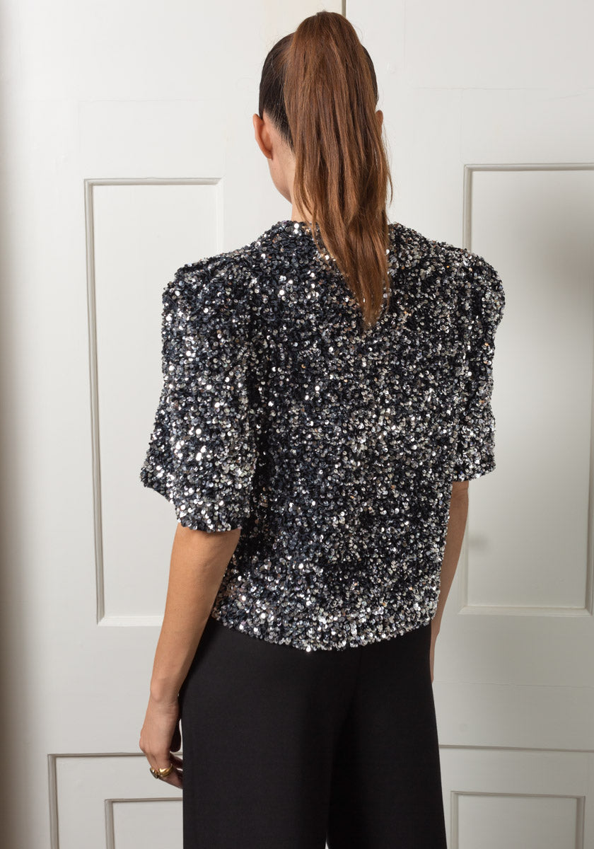 Top HOPE Sparkles silver colv V et manches bouffantes courtes Made in france SONGE lab