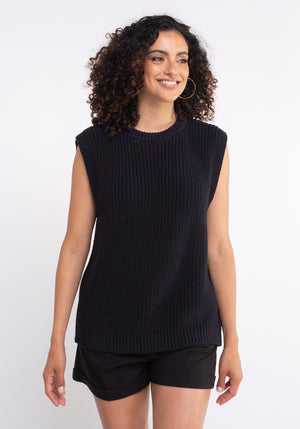Top MEIA coloris black tricoté en France col rond et échancrures sous aisselles Made in France SONGE lab