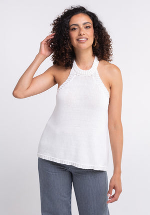 Top SAMBRO coloris blanc tricoté en France emmanchure américaine Made in France SONGE lab