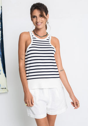 Débardeur ZINIA Maille coloris marinière tricoté en france emmanchures américaines grand bord côte Made in france SONGE lab