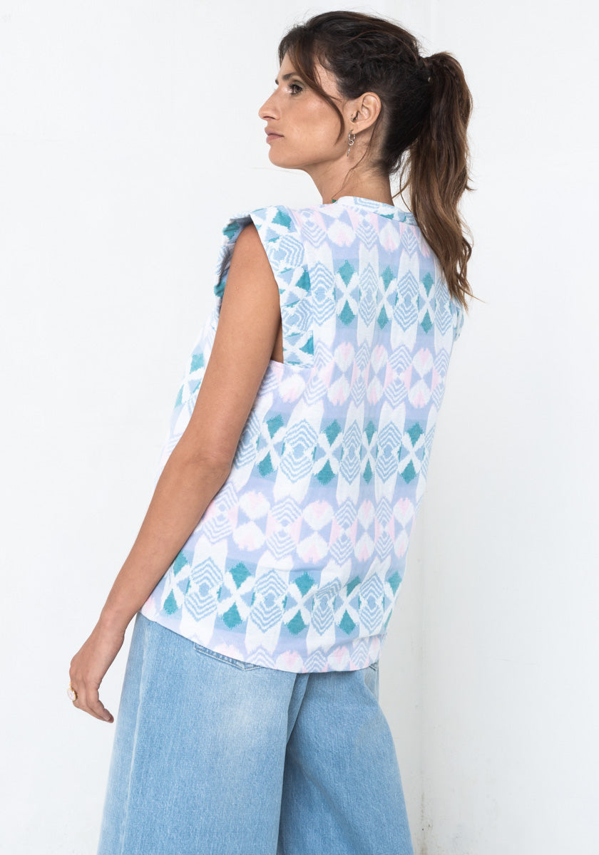 Top SCOTTS débardeur femme jacquard français coloris pastel plum épaules structurées Made in france SONGE lab zoom dos