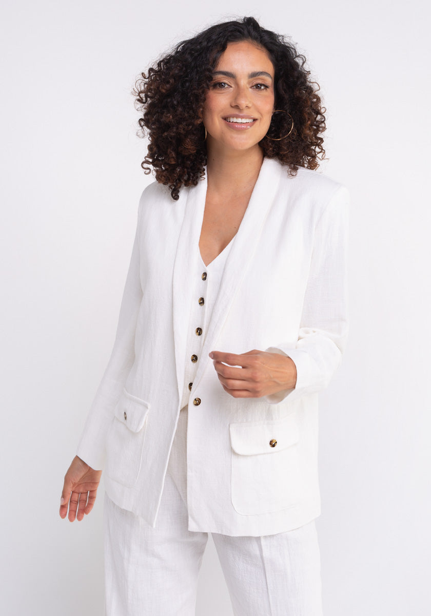 Veste femme CASAL coloris lai tissu 100% lin col châle  poches plaquées et pressions sur poches MAde in France SONGE lab