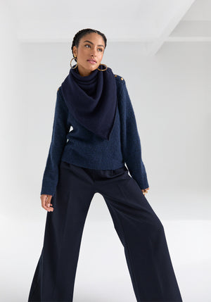 grand châle femme tricoté en france coloris navy marine laine et cachemire