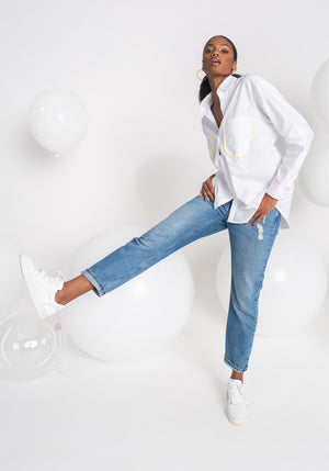 Chemise large blanche femme AGORA détails colorés poches et poignets made in France SONGE lab