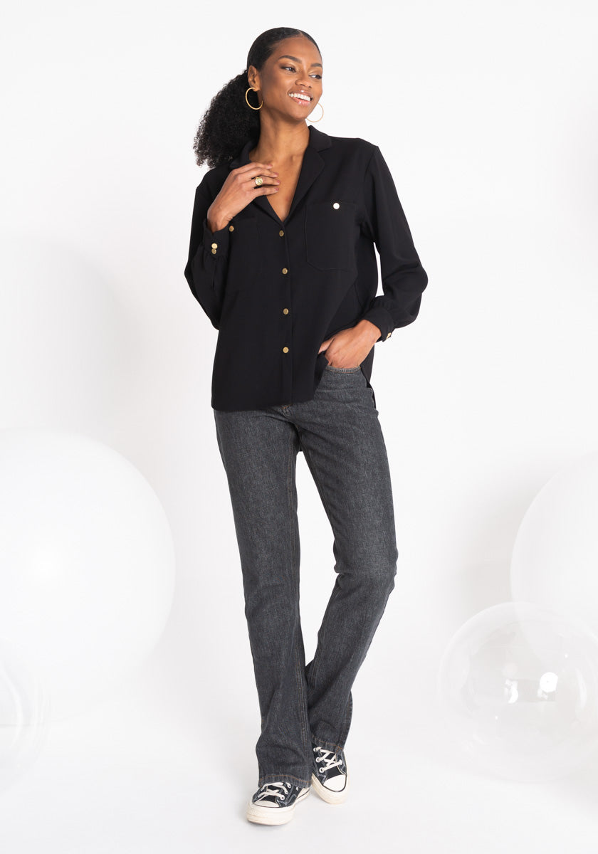 Chemise femme ANGRA col pyjama manches longues et coloris noir Made in France SONGE lab