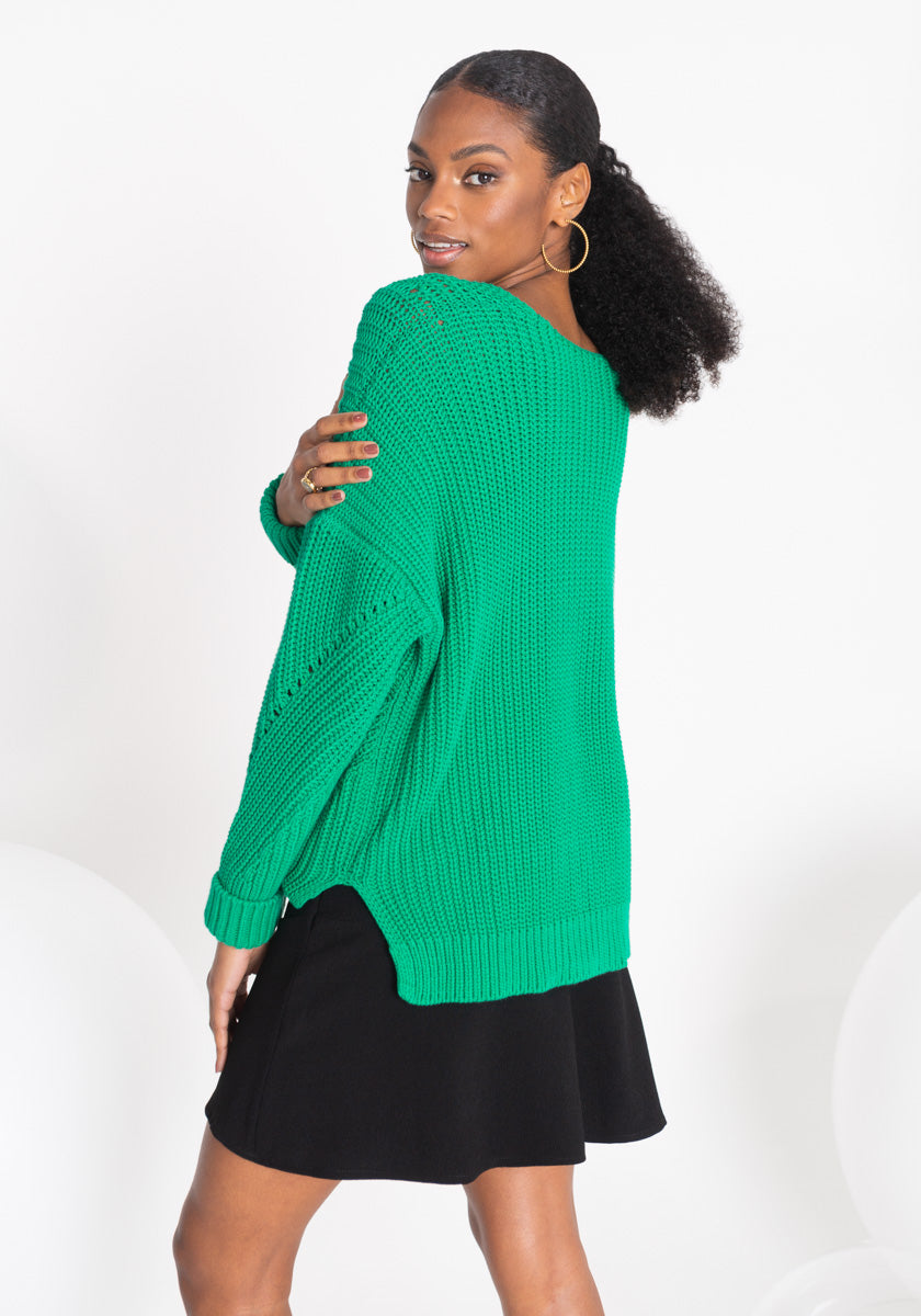 Pull femme SAO col v coloris vert tricoté en france SONGE lab dos