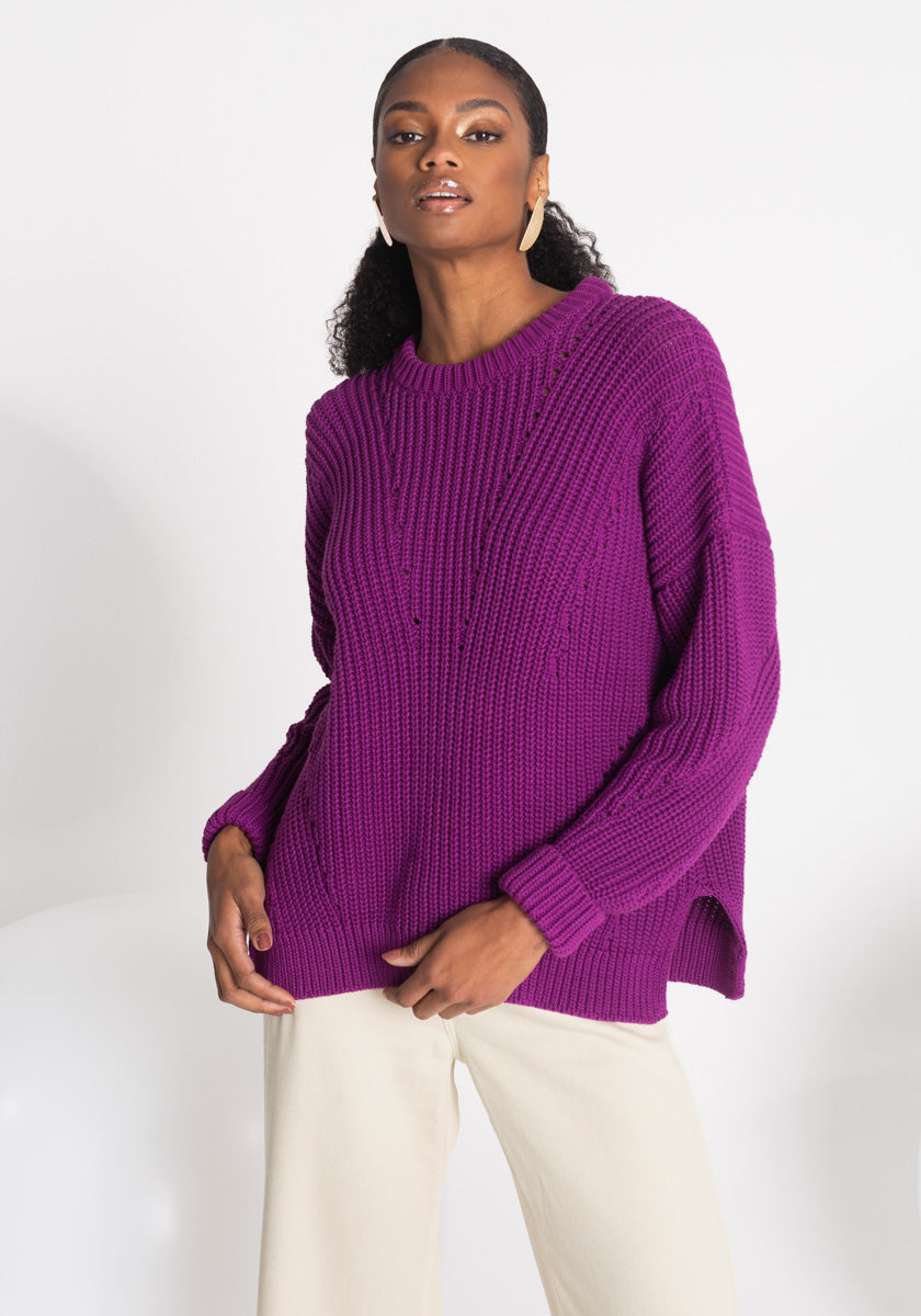 Pull femme SAO col rond violet tricoté en france SONGE lab