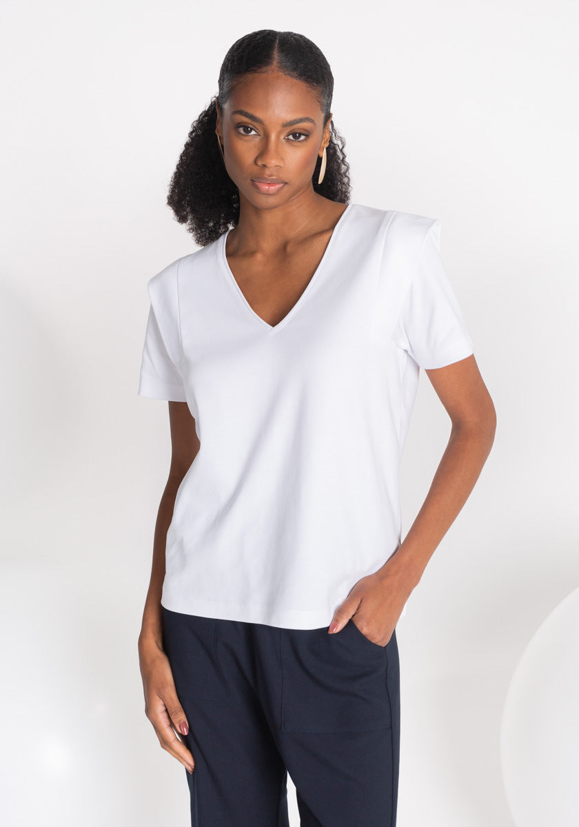 Tee shirt blanc femme DALVEY col V et épaules structurées mode Coton OEKO TEX Made in France SONGE lab