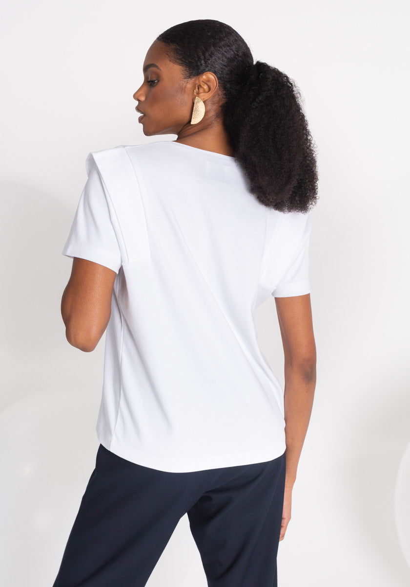 Tee shirt blanc femme DALVEY col V et épaules structurées mode Coton OEKO TEX Made in France SONGE lab dos