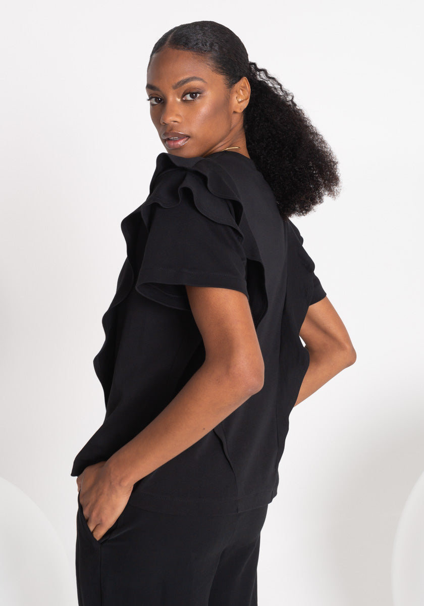 Tee shirt noir Femme volants et détails chics Coton OEKO TEX Made in France SONGE lab détails volants