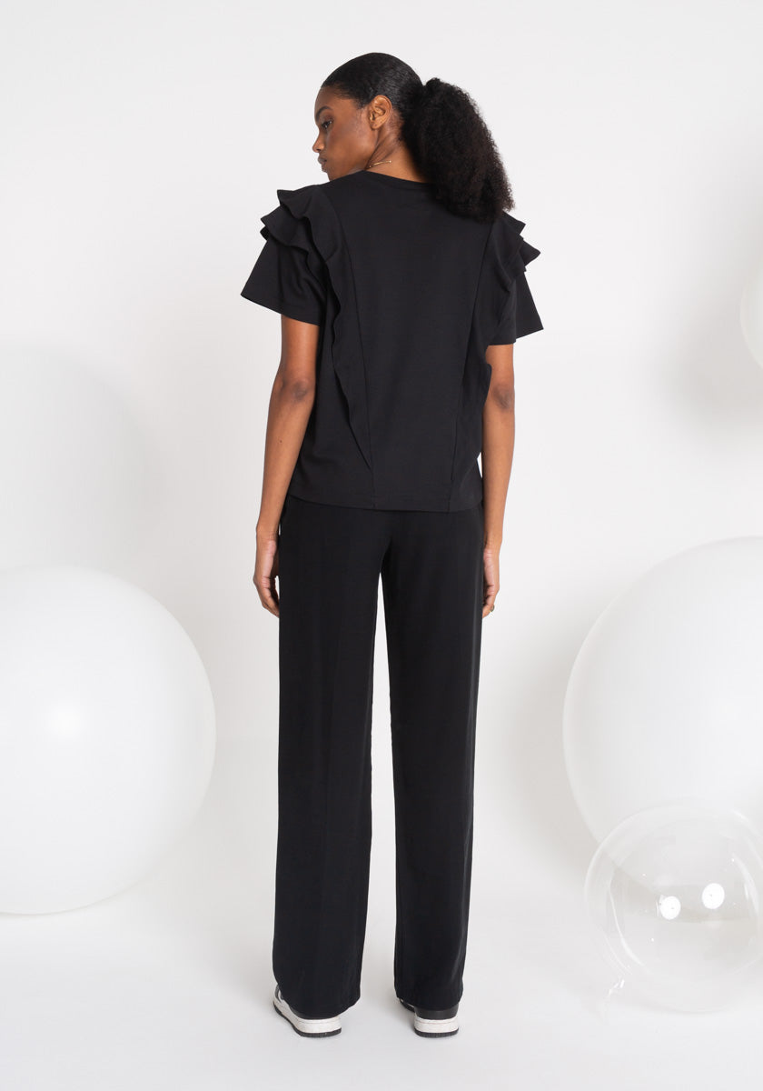 Tee shirt noir Femme volants et détails chics Coton OEKO TEX Made in France SONGE lab dos