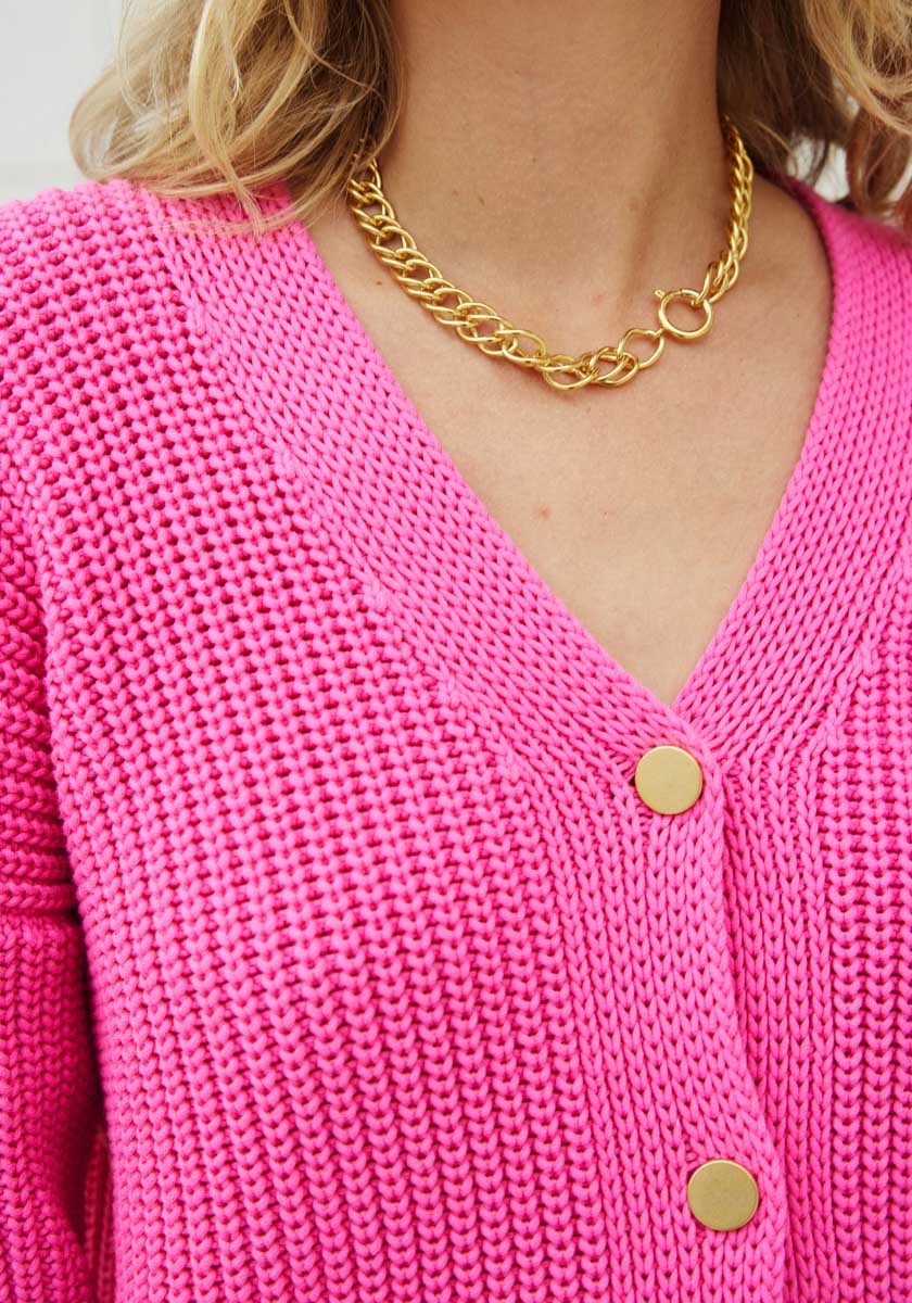 Gilet maille femme NOVA fuchsia tricotée made in france détails boutons dorés