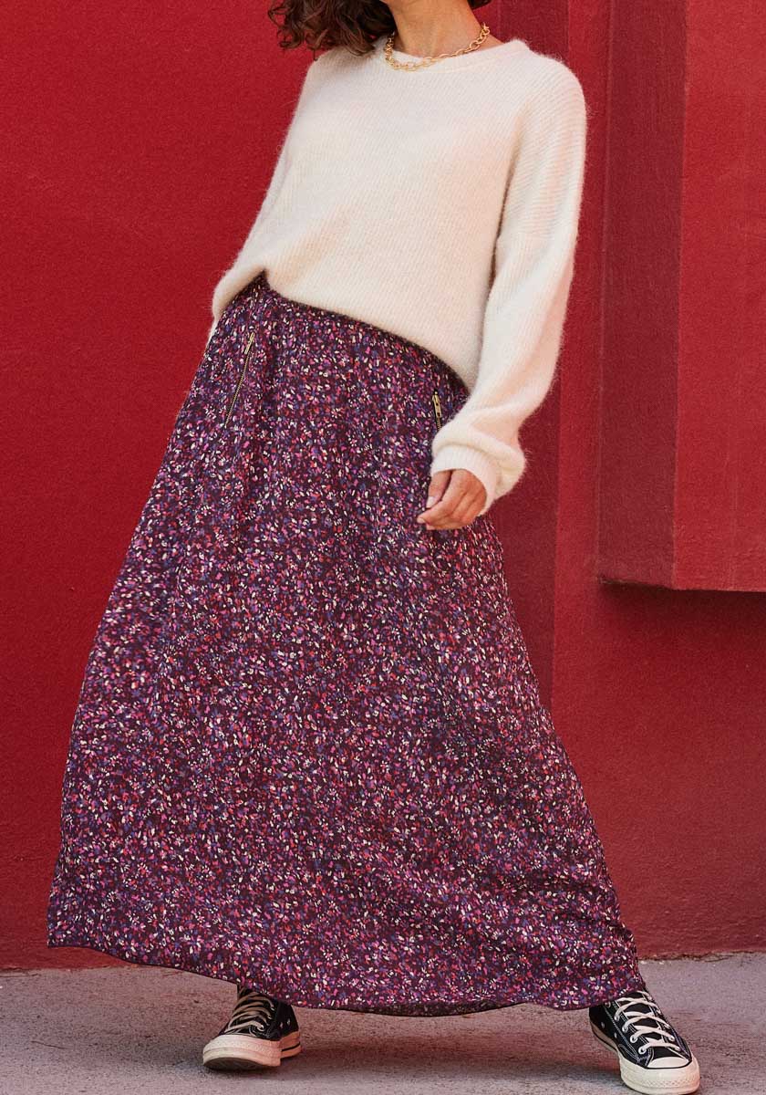 Jupe longue femme motif burgundy doublée taille élastique tissu français made in france SONGE Lab