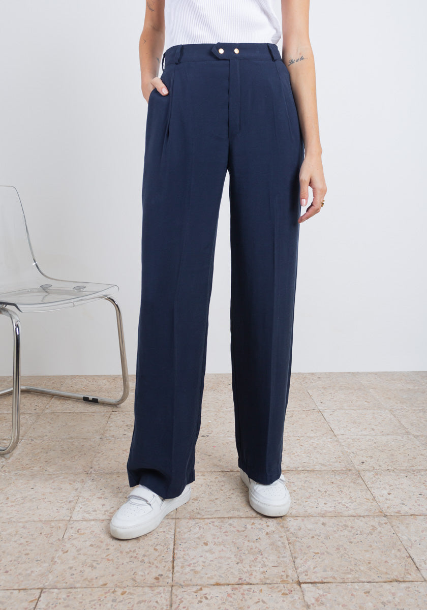 pantalon fluide femme marine détails boutons dorés made in france SONGE Lab